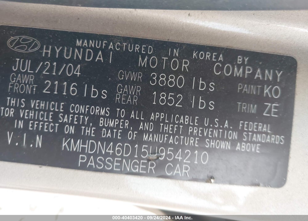 2005 HYUNDAI ELANTRA GLS/GT VIN: KMHDN46D15U954210