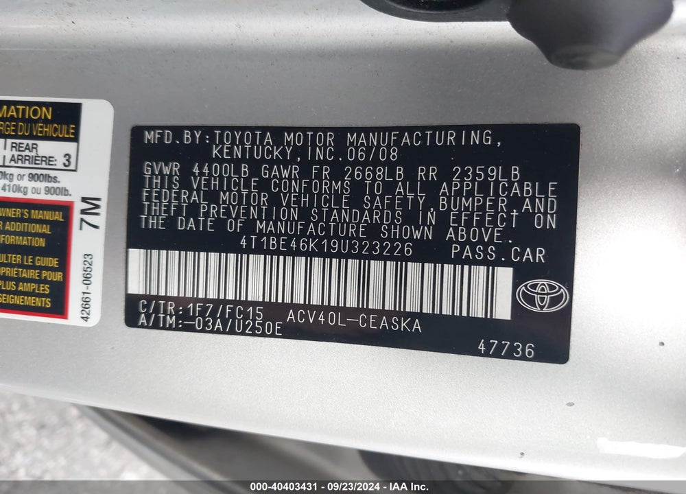 2009 TOYOTA CAMRY SE VIN: 4T1BE46K19U323226