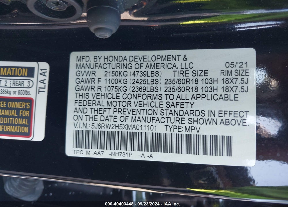 2021 HONDA CR-V AWD EX VIN: 5J6RW2H5XMA011101