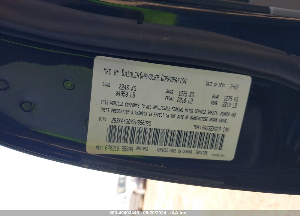 2007 DODGE CHARGER VIN: 2B3KA43GX7H890925