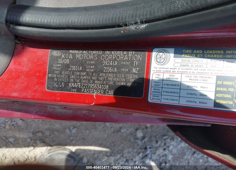 2009 KIA SPECTRA EX VIN: KNAFE221795634108
