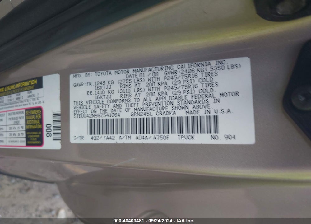 2008 TOYOTA TACOMA BASE V6 VIN: 5TEUU42N98Z541064