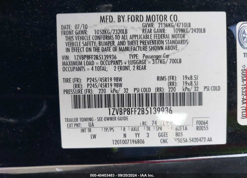 2011 FORD MUSTANG GT PREMIUM VIN: 1ZVBP8FF2B5139936