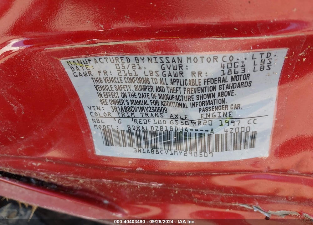 2021 NISSAN SENTRA SV XTRONIC CVT VIN: 3N1AB8CV1MY290509