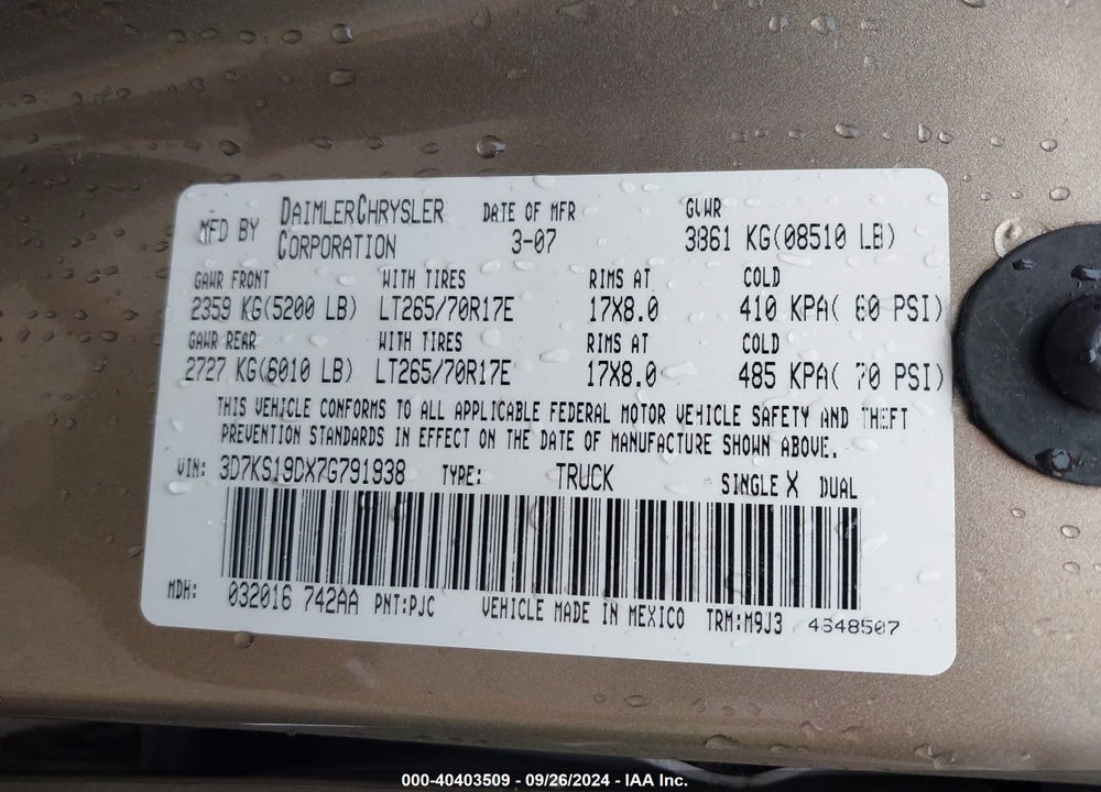 2007 DODGE RAM 1500 SLT VIN: 3D7KS19DX7G791938