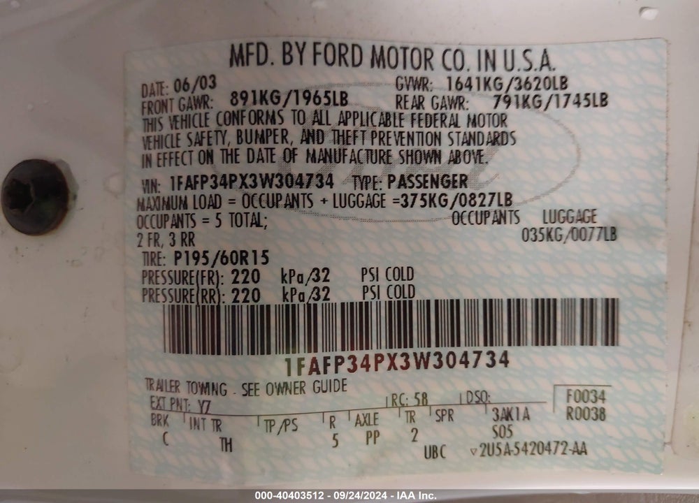 2003 FORD FOCUS SE VIN: 1FAFP34PX3W304734