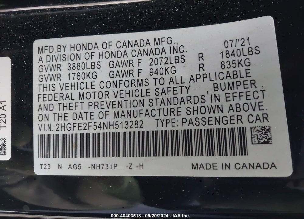 2022 HONDA CIVIC SPORT VIN: 2HGFE2F54NH513282