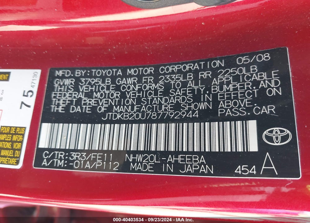 2008 TOYOTA PRIUS VIN: JTDKB20U787792944