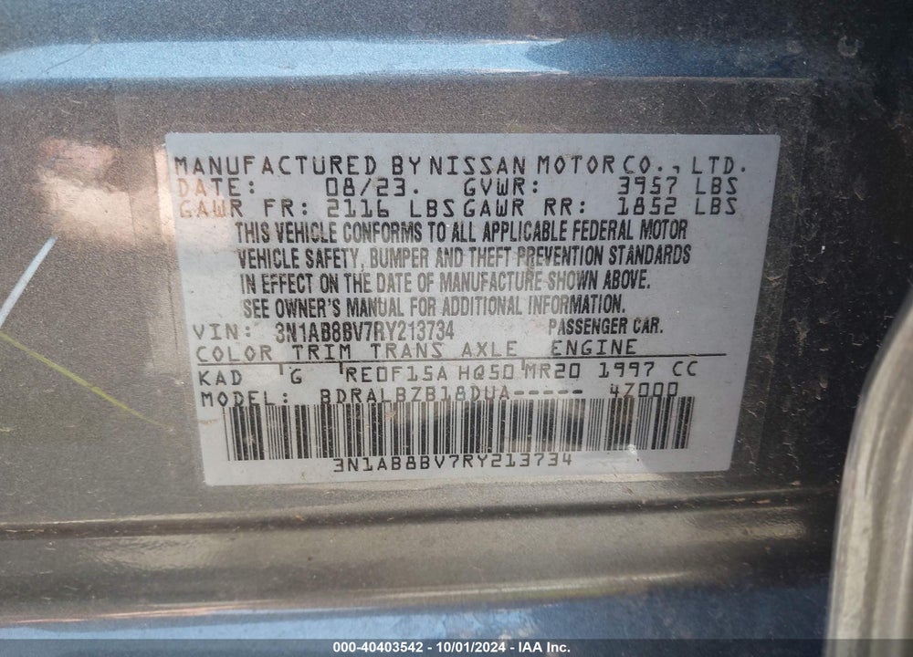 2024 NISSAN SENTRA S XTRONIC CVT VIN: 3N1AB8BV7RY213734
