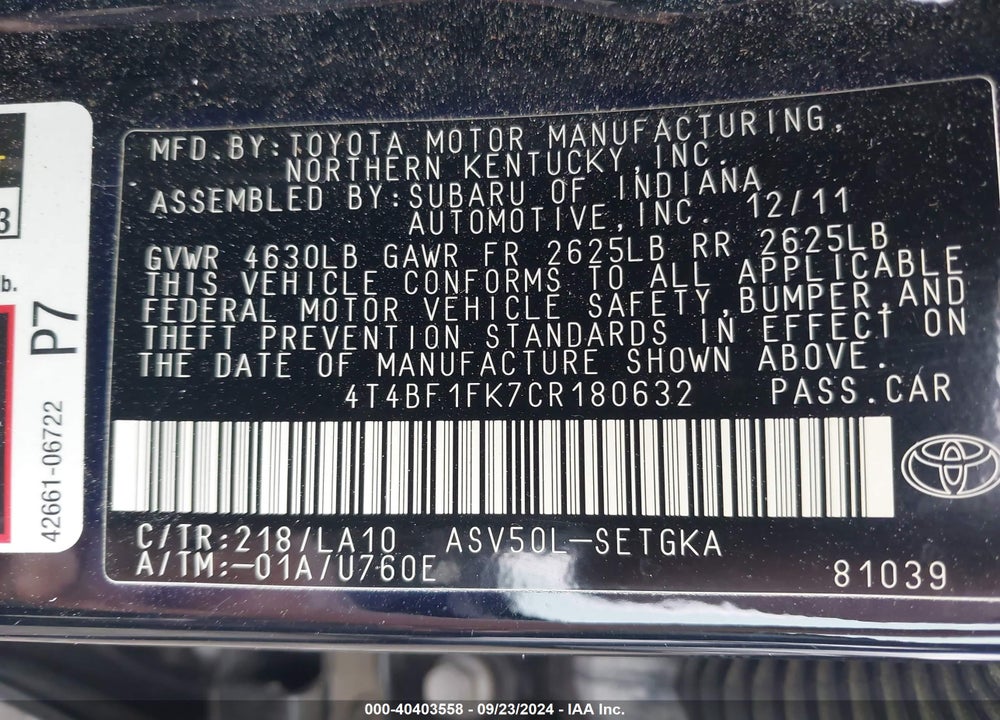 2012 TOYOTA CAMRY XLE VIN: 4T4BF1FK7CR180632