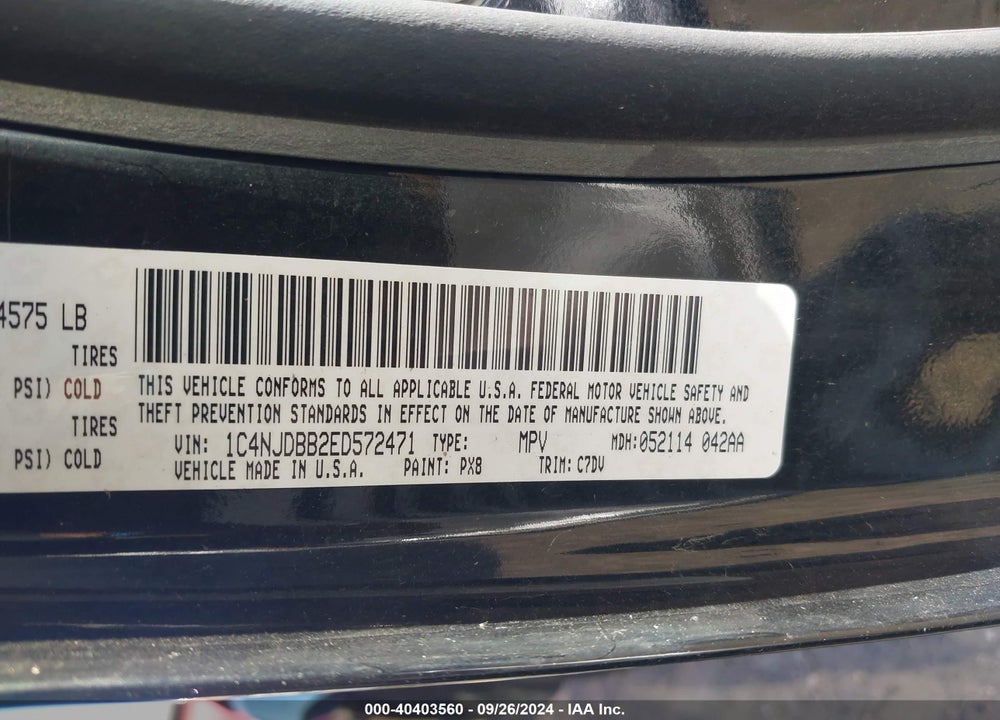 2014 JEEP COMPASS SPORT VIN: 1C4NJDBB2ED572471
