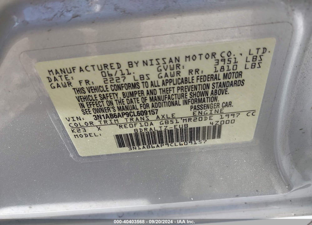 2012 NISSAN SENTRA 2.0 SR VIN: 3N1AB6AP9CL609157