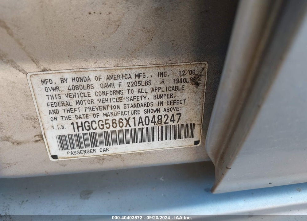 2001 HONDA ACCORD 2.3 EX VIN: 1HGCG566X1A048247