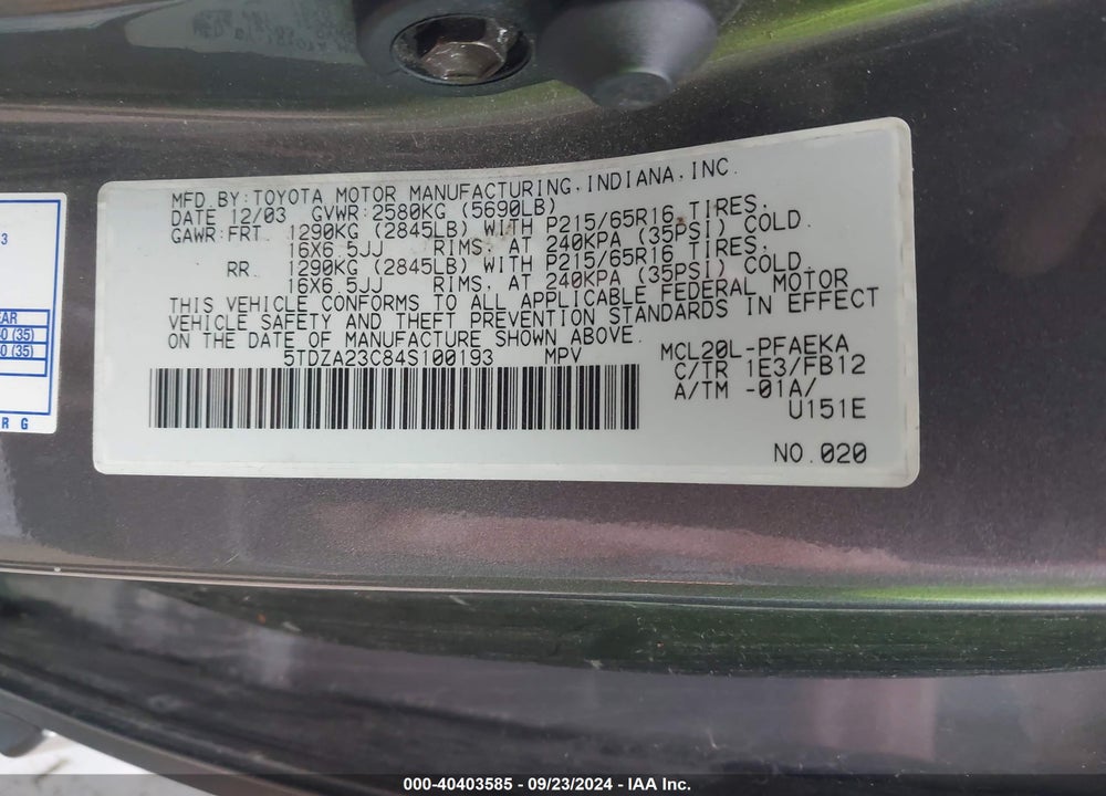 2004 TOYOTA SIENNA LE VIN: 5TDZA23C84S100193