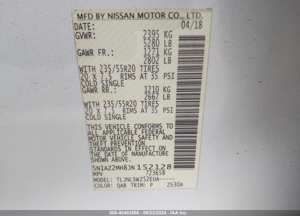 2018 NISSAN MURANO PLATINUM VIN: 5N1AZ2MH8JN152128