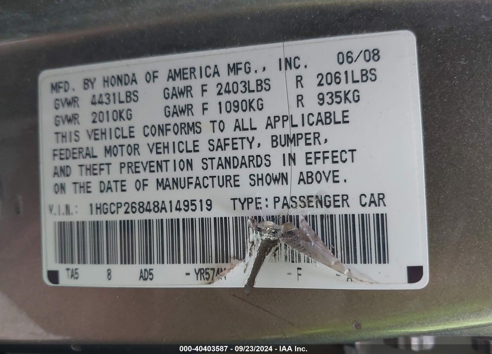 2008 HONDA ACCORD 2.4 EX-L VIN: 1HGCP26848A149519