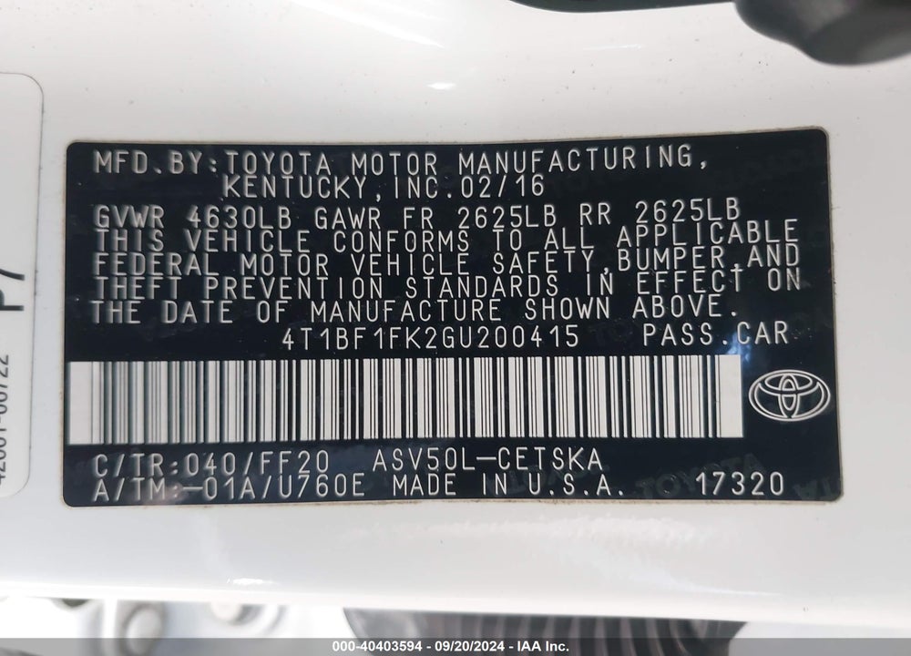 2016 TOYOTA CAMRY SE VIN: 4T1BF1FK2GU200415