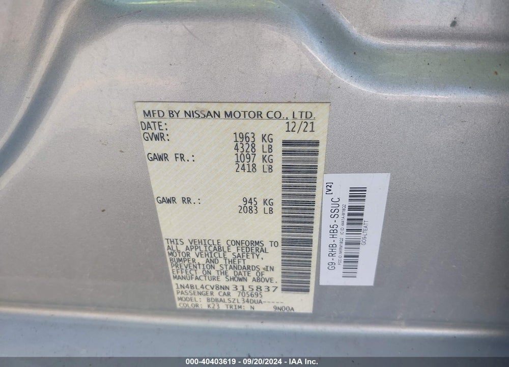 2022 NISSAN ALTIMA SR FWD VIN: 1N4BL4CV8NN315837