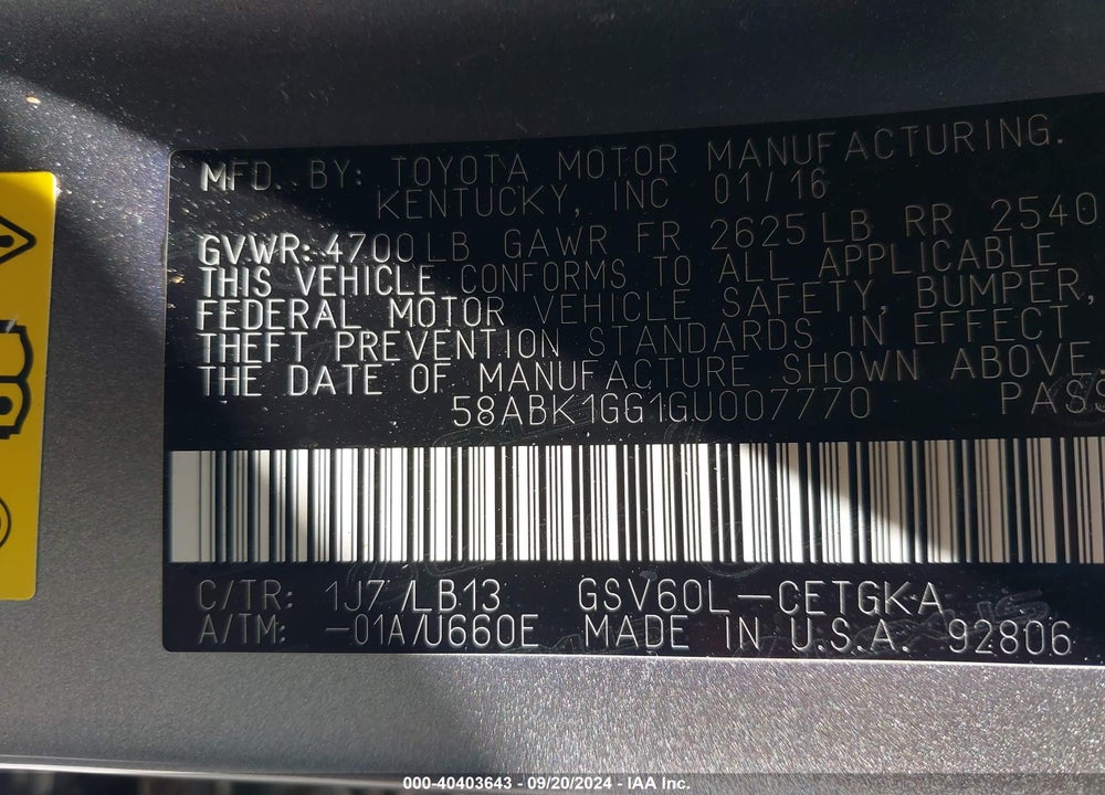 2016 LEXUS ES 350 VIN: 58ABK1GG1GU007770