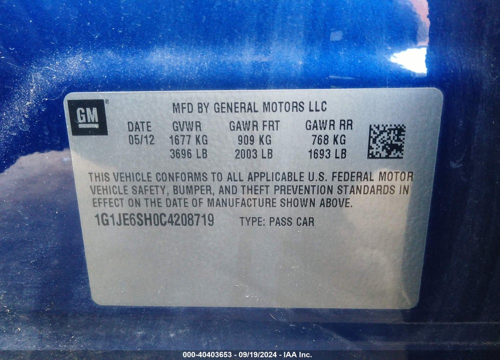 2012 CHEVROLET SONIC 2LZ VIN: 1G1JE6SH0C4208719