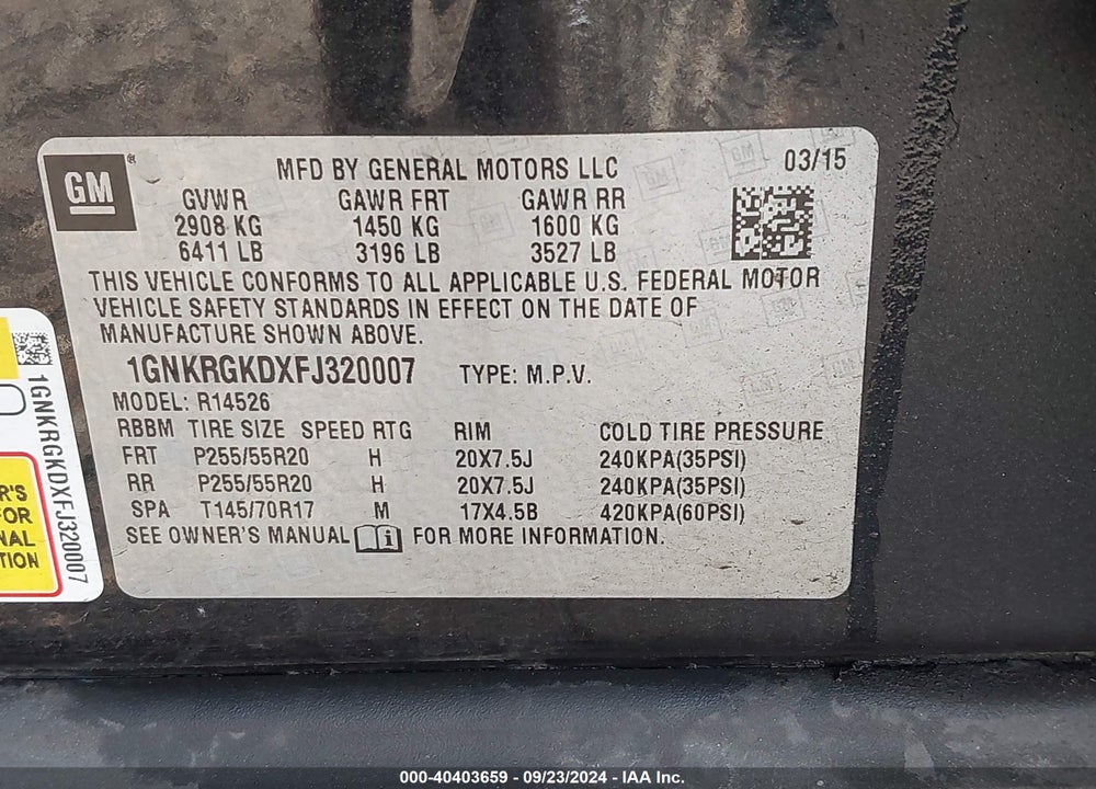 2015 CHEVROLET TRAVERSE 1LT VIN: 1GNKRGKDXFJ320007