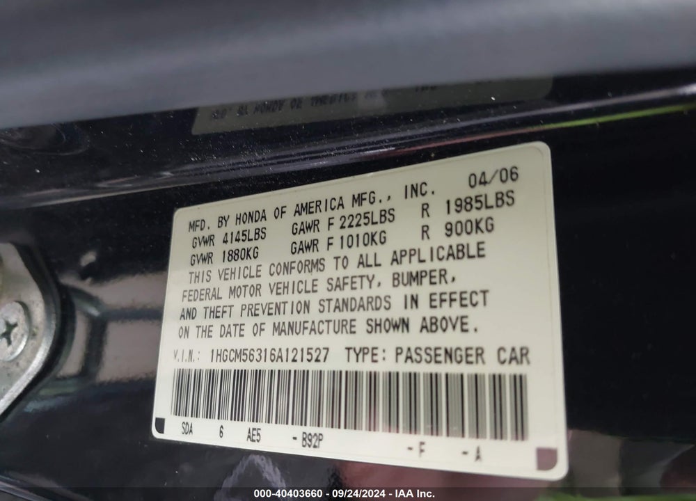 2006 HONDA ACCORD 2.4 SE VIN: 1HGCM56316A121527