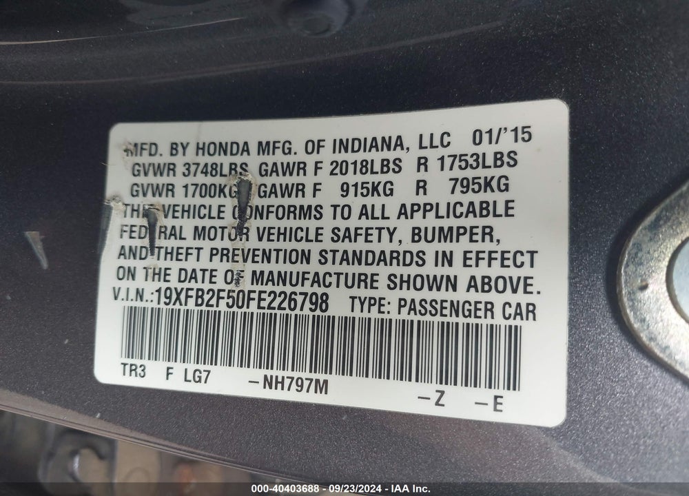 2015 HONDA CIVIC LX VIN: 19XFB2F50FE226798
