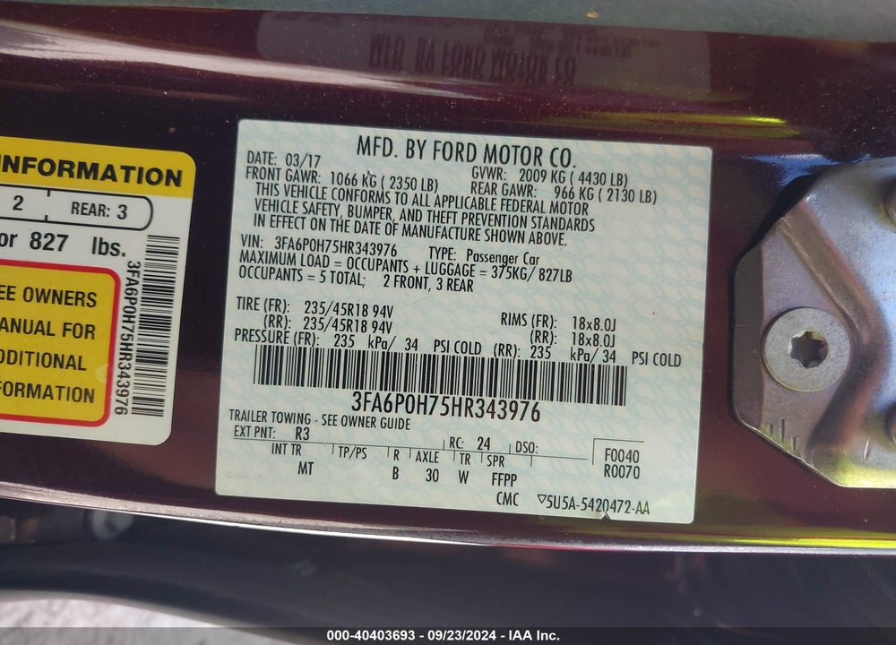 2017 FORD FUSION SE VIN: 3FA6P0H75HR343976