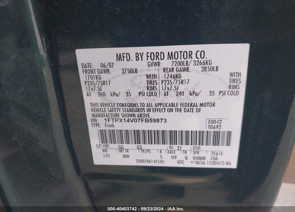 2007 FORD F-150 FX4/LARIAT/XL/XLT VIN: 1FTPX14V07FB59873