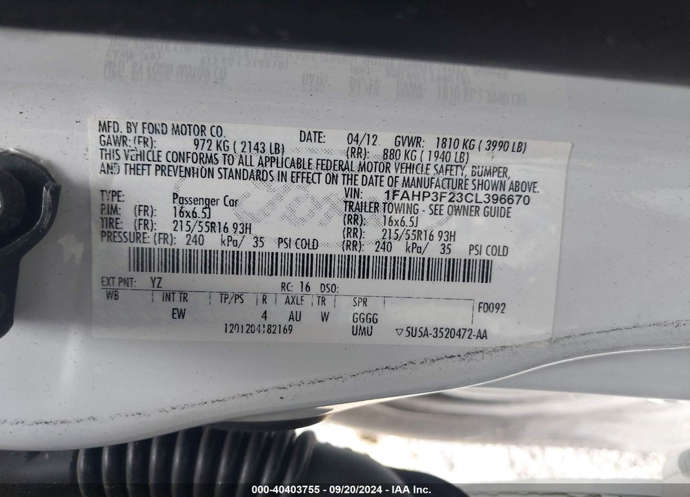 2012 FORD FOCUS SE VIN: 1FAHP3F23CL396670