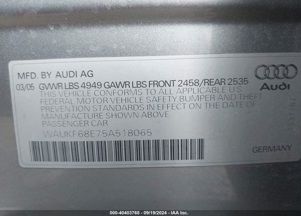 2005 AUDI A4 2.0T AVANT VIN: WAUKF68E75A518065