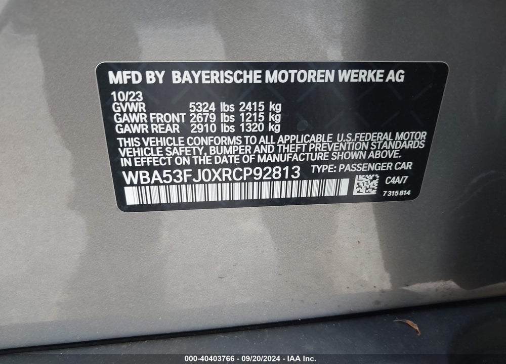 2024 BMW 530 I XDRIVE VIN: WBA53FJ0XRCP92813