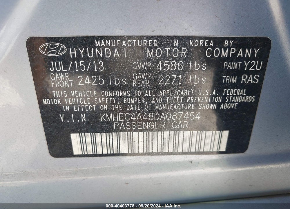 2013 HYUNDAI SONATA HYBRID LIMITED VIN: KMHEC4A48DA087454
