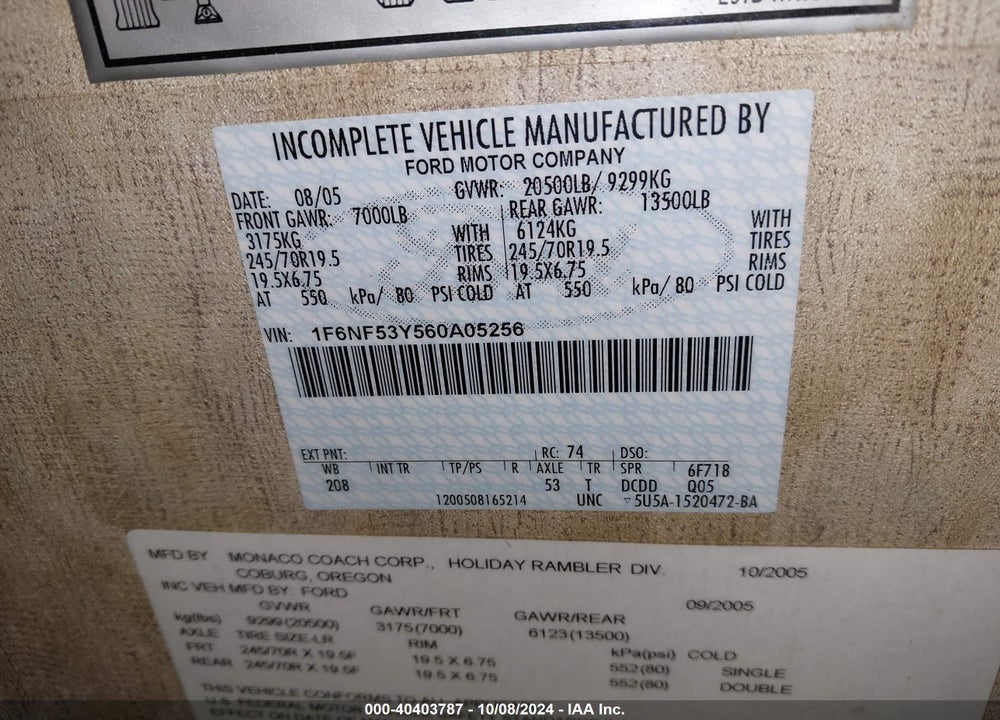 2006 FORD F550 SUPER DUTY STRIPPED CHASS VIN: 1F6NF53Y560A05256