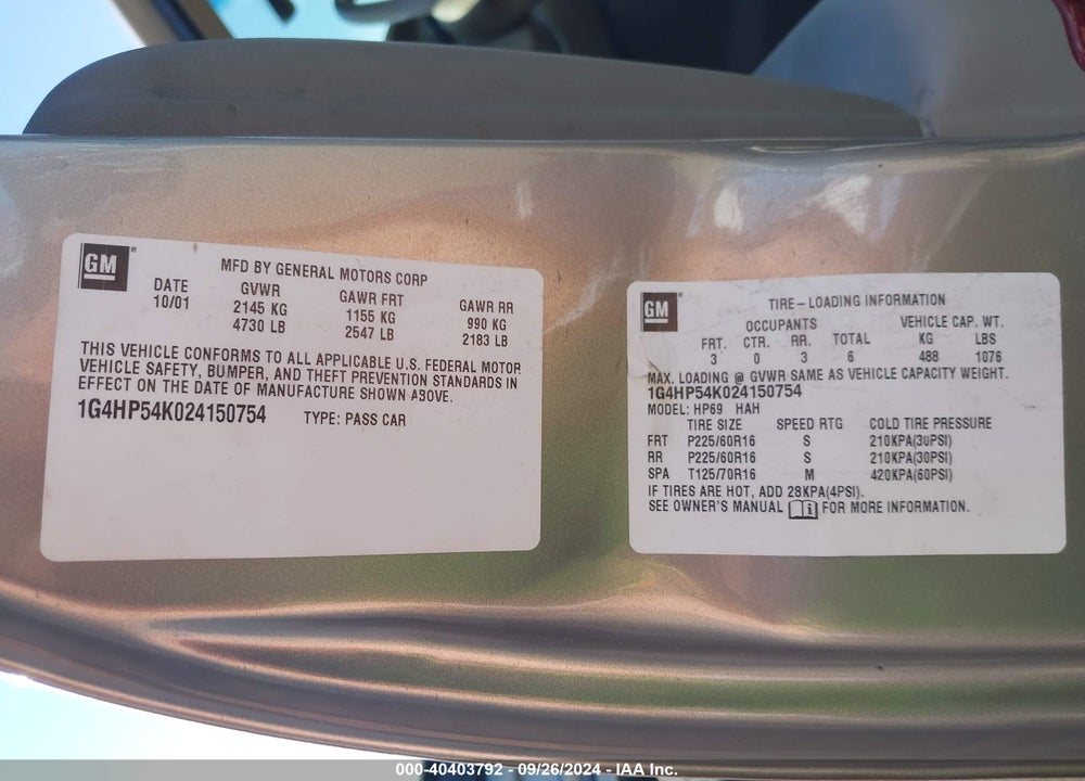 2002 BUICK LESABRE CUSTOM VIN: 1G4HP54K024150754