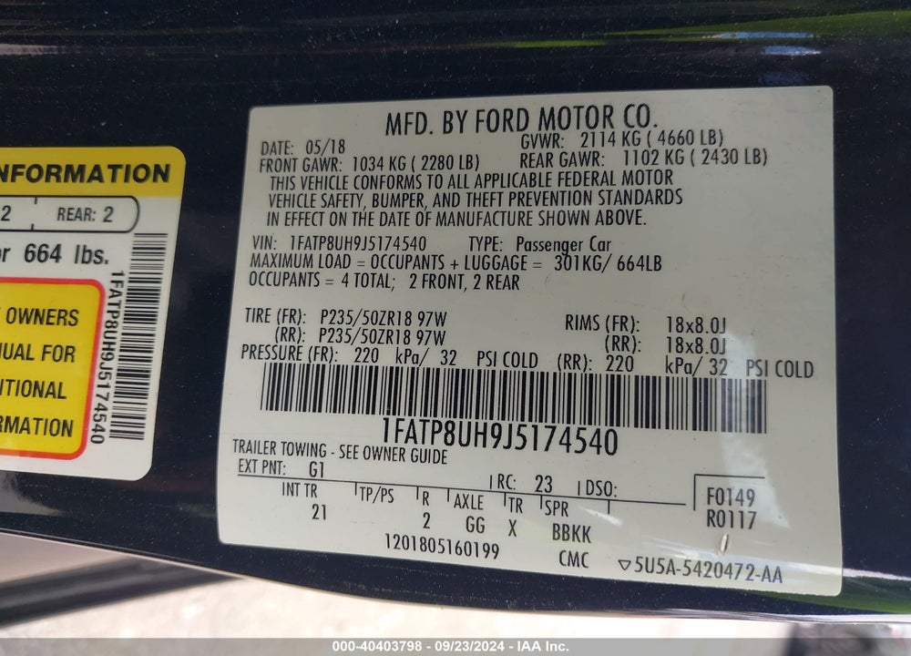 2018 FORD MUSTANG ECOBOOST VIN: 1FATP8UH9J5174540
