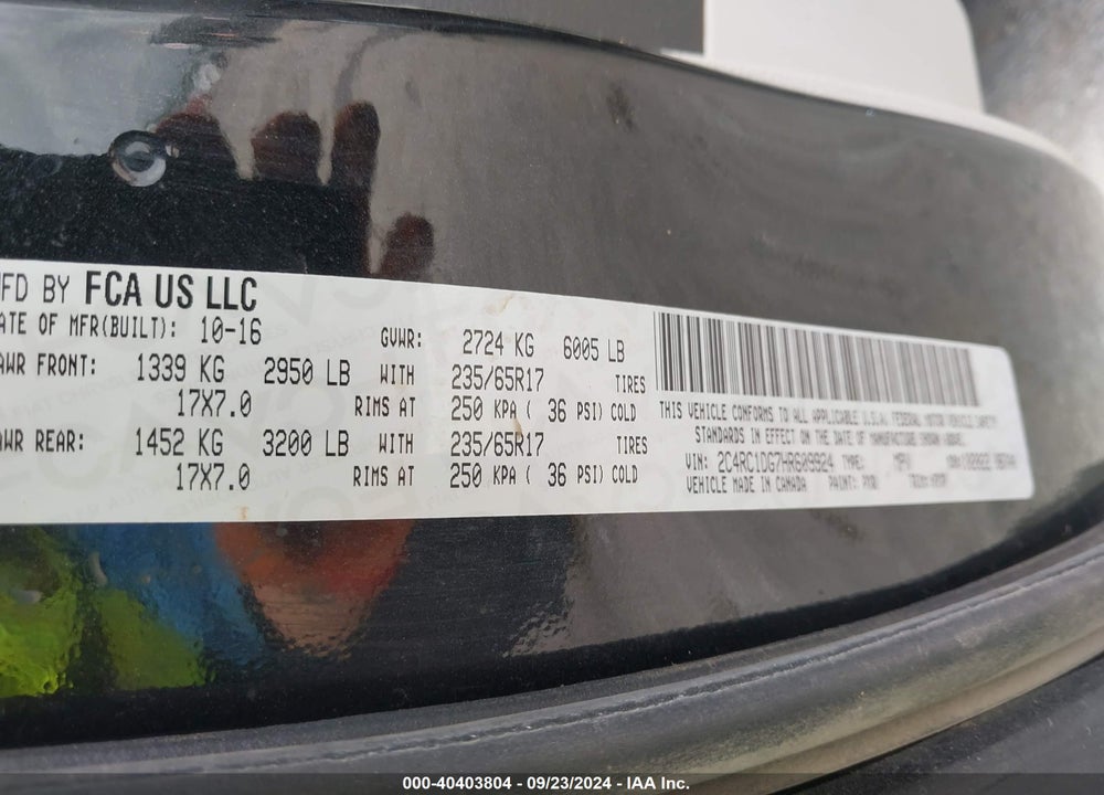 2017 CHRYSLER PACIFICA TOURING VIN: 2C4RC1DG7HR609924