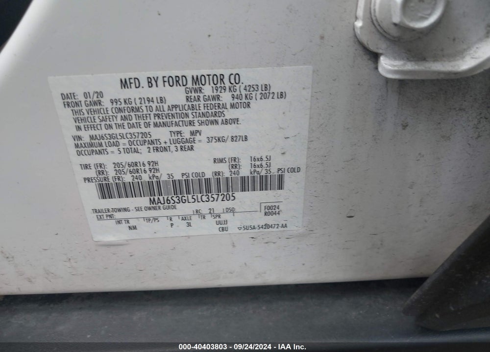 2020 FORD ECOSPORT SE VIN: MAJ6S3GL5LC357205