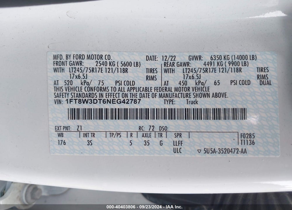 2022 FORD F-350 XLT VIN: 1FT8W3DT6NEG42787