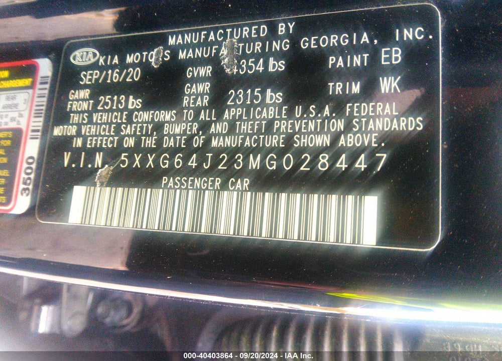 2021 KIA K5 VIN: 5XXG64J23MG028447