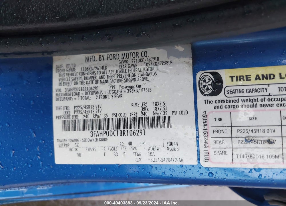 2011 FORD FUSION SPORT VIN: 3FAHP0DC1BR106291