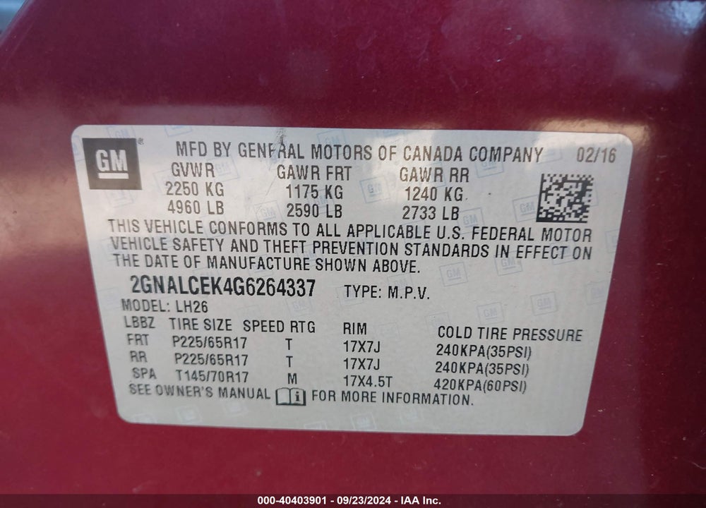 2016 CHEVROLET EQUINOX LT VIN: 2GNALCEK4G6264337