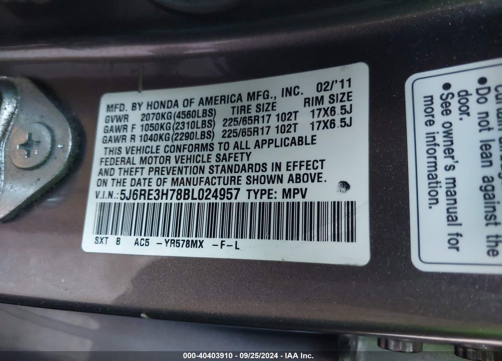 2011 HONDA CR-V EX-L VIN: 5J6RE3H78BL024957