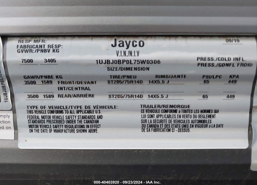 2020 JAYCO JAYFLIGHT VIN: 1UJBJ0BP0L75W0306