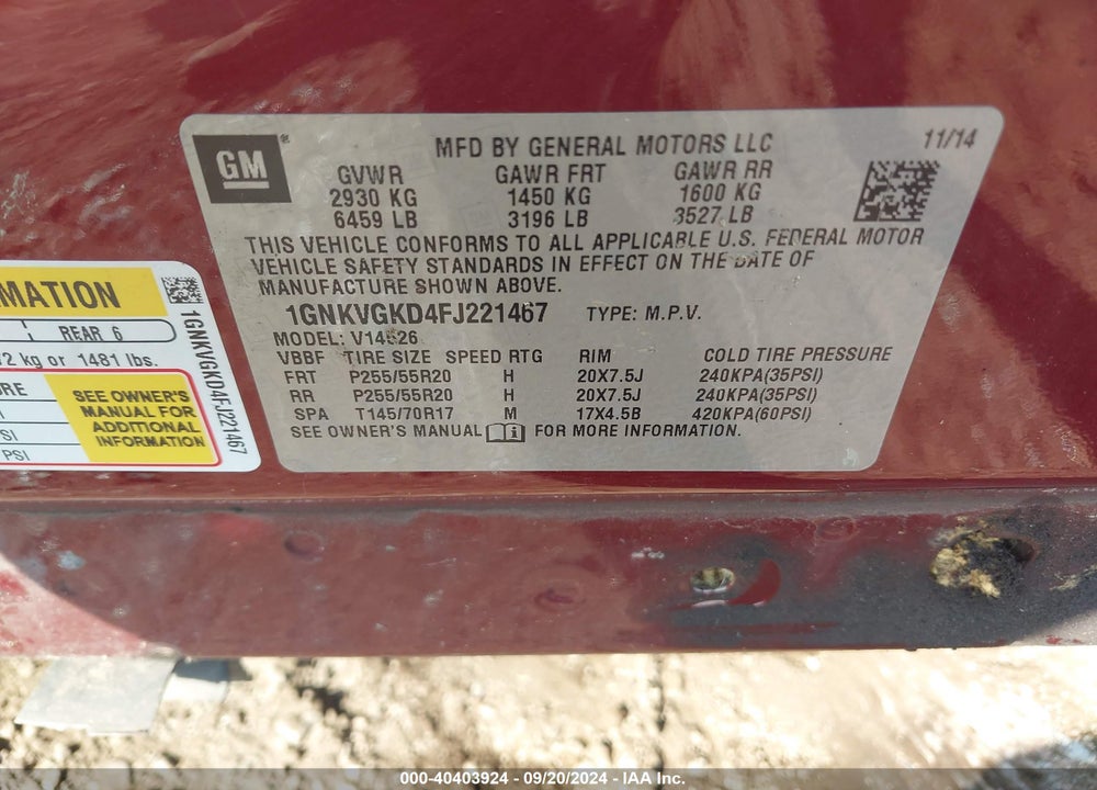 2015 CHEVROLET TRAVERSE 1LT VIN: 1GNKVGKD4FJ221467