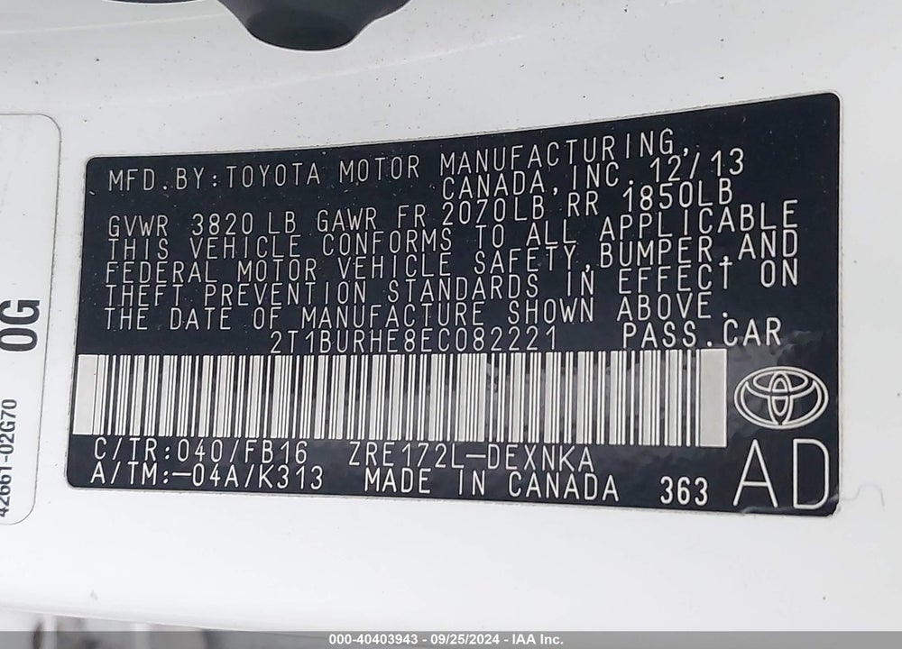 2014 TOYOTA COROLLA LE VIN: 2T1BURHE8EC082221