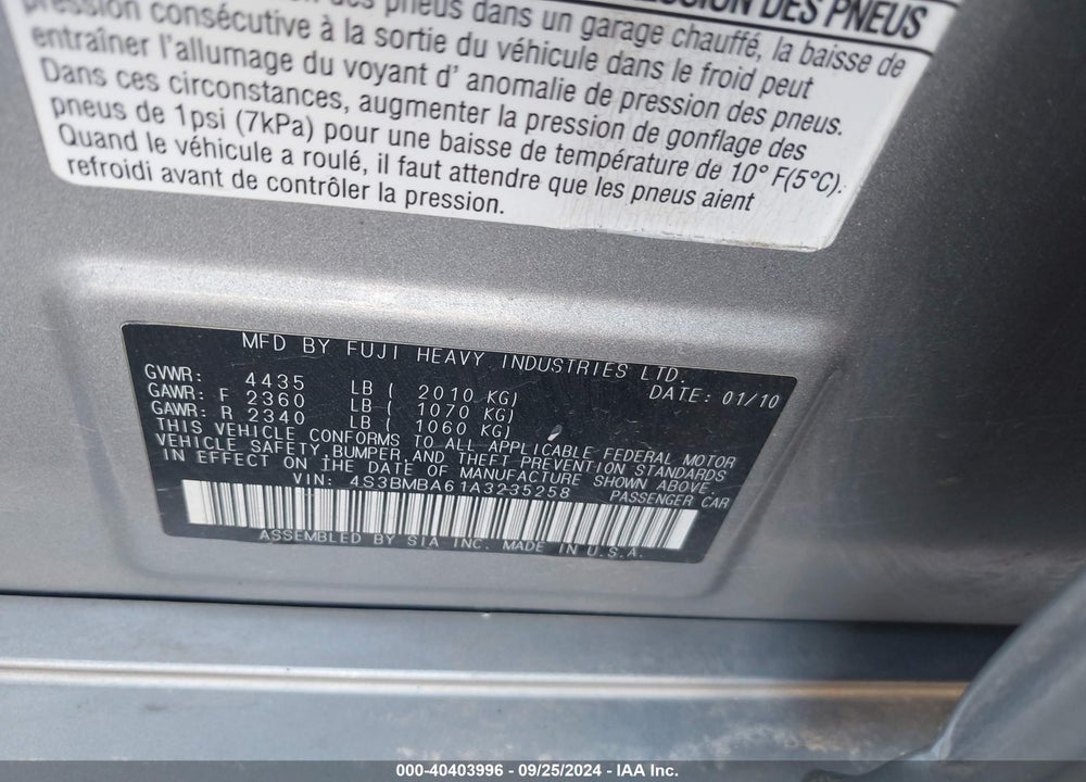 2010 SUBARU LEGACY 2.5I (CVT) VIN: 4S3BMBA61A3235258