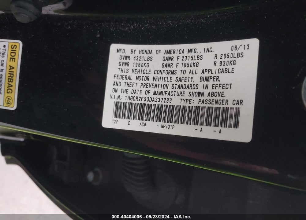 2013 HONDA ACCORD SPORT VIN: 1HGCR2F53DA237293