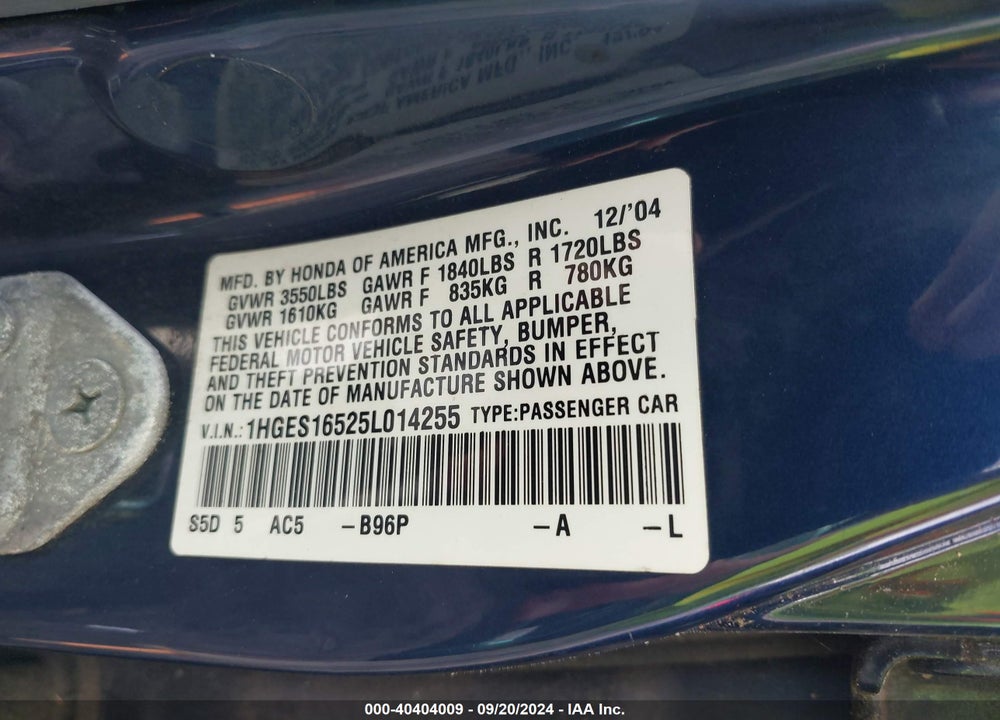2005 HONDA CIVIC LX VIN: 1HGES16525L014255