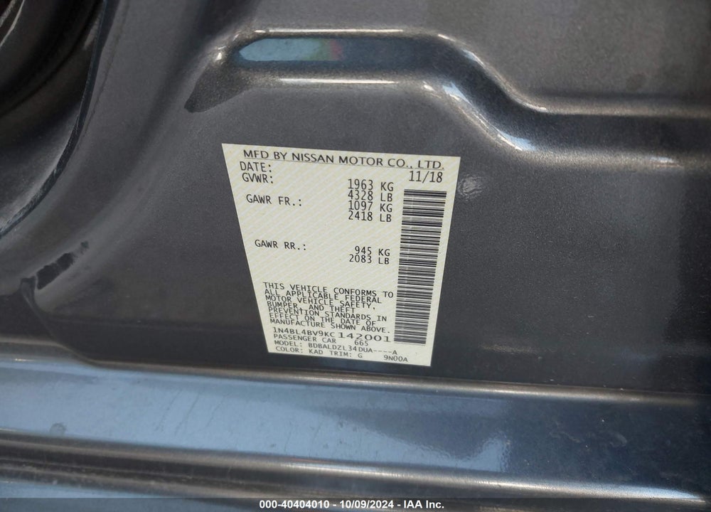 2019 NISSAN ALTIMA 2.5 S VIN: 1N4BL4BV9KC142001
